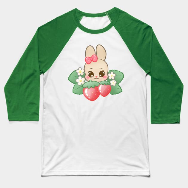 Kawaii Strawberry Bunny Baseball T-Shirt by Kittykaya